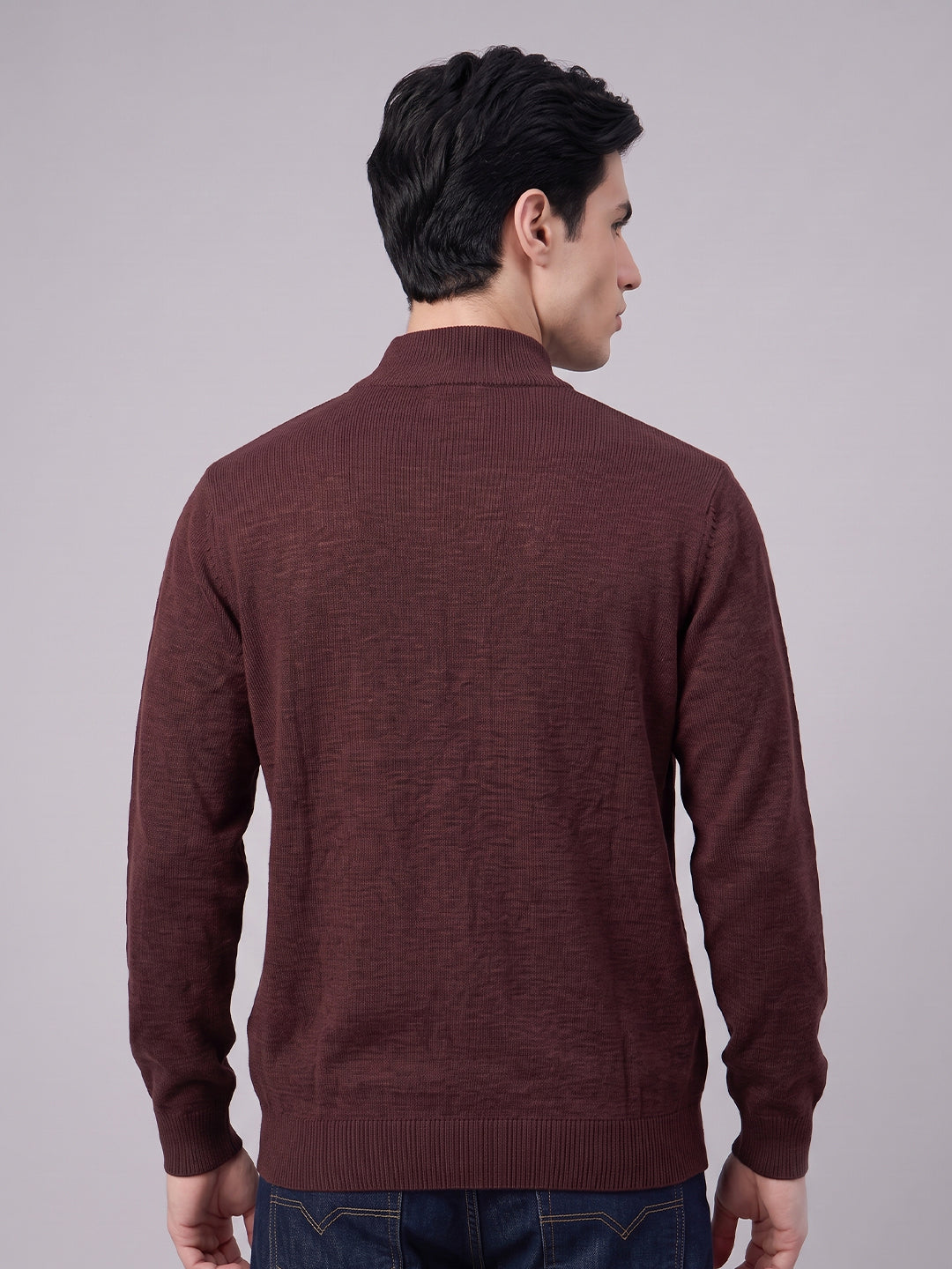 Men Maroon Solid High Neck Full Sleeve Pullover