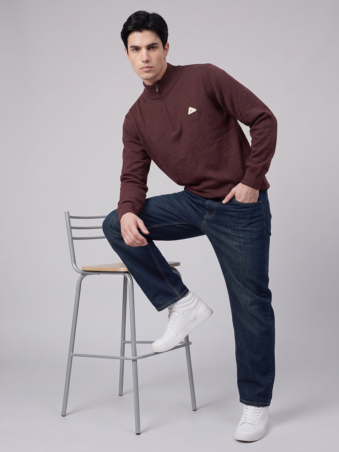 Men Maroon Solid High Neck Full Sleeve Pullover