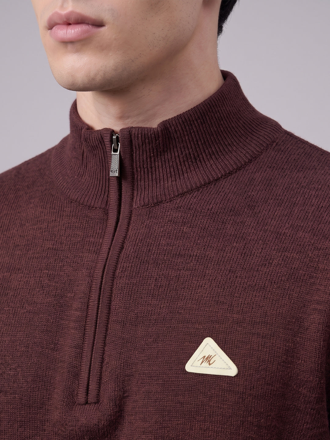 Men Maroon Solid High Neck Full Sleeve Pullover