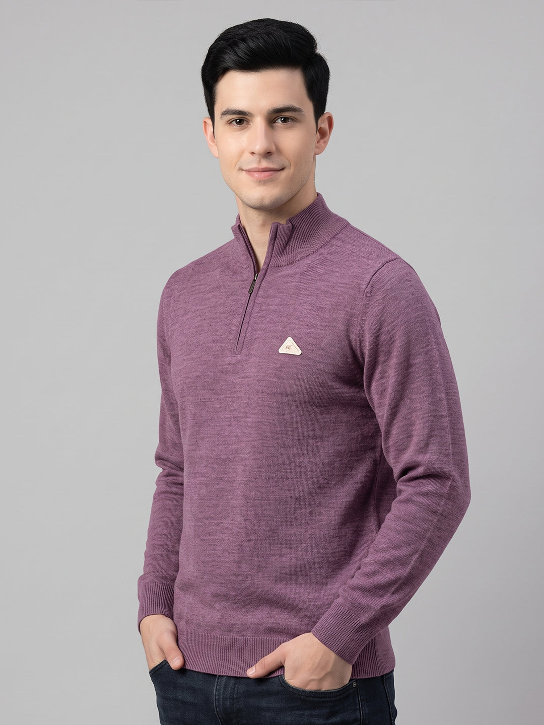 Men Purple Solid High Neck Full Sleeve Pullover