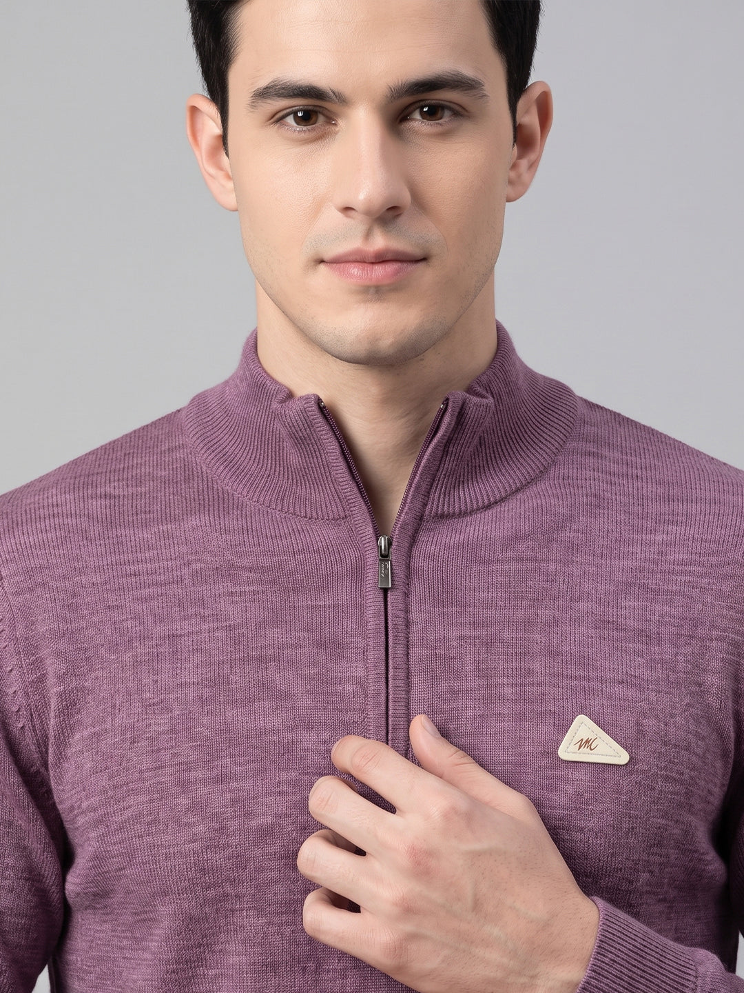 Men Purple Solid High Neck Full Sleeve Pullover