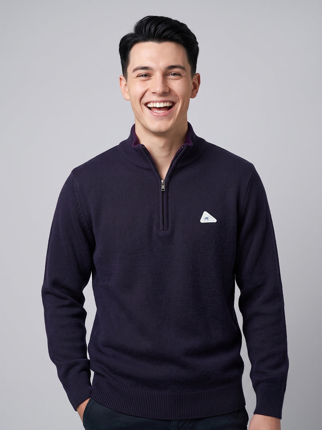 Men Purple Solid High Neck Full Sleeve Pullover