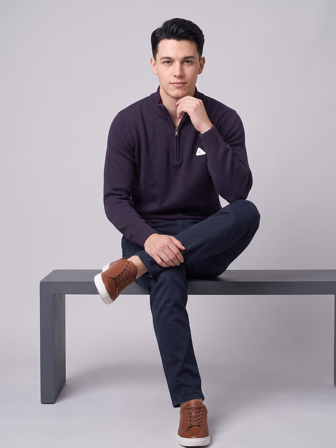 Men Purple Solid High Neck Full Sleeve Pullover