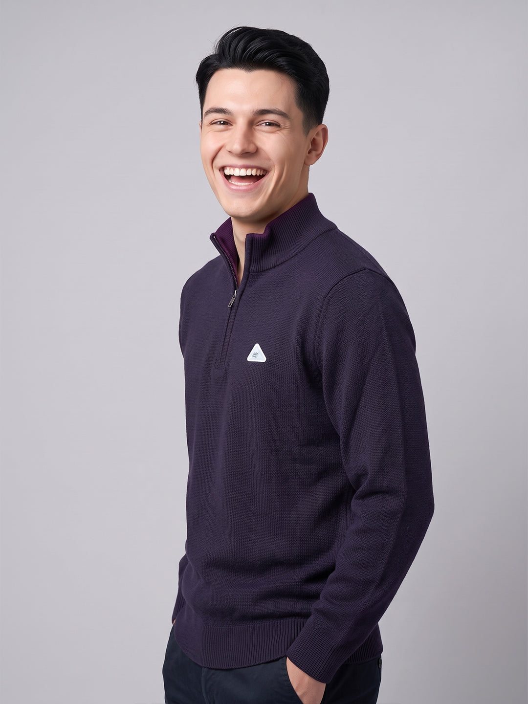 Men Purple Solid High Neck Full Sleeve Pullover