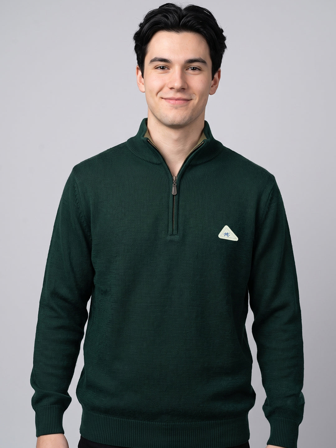 Men Green Solid High Neck Full Sleeve Pullover