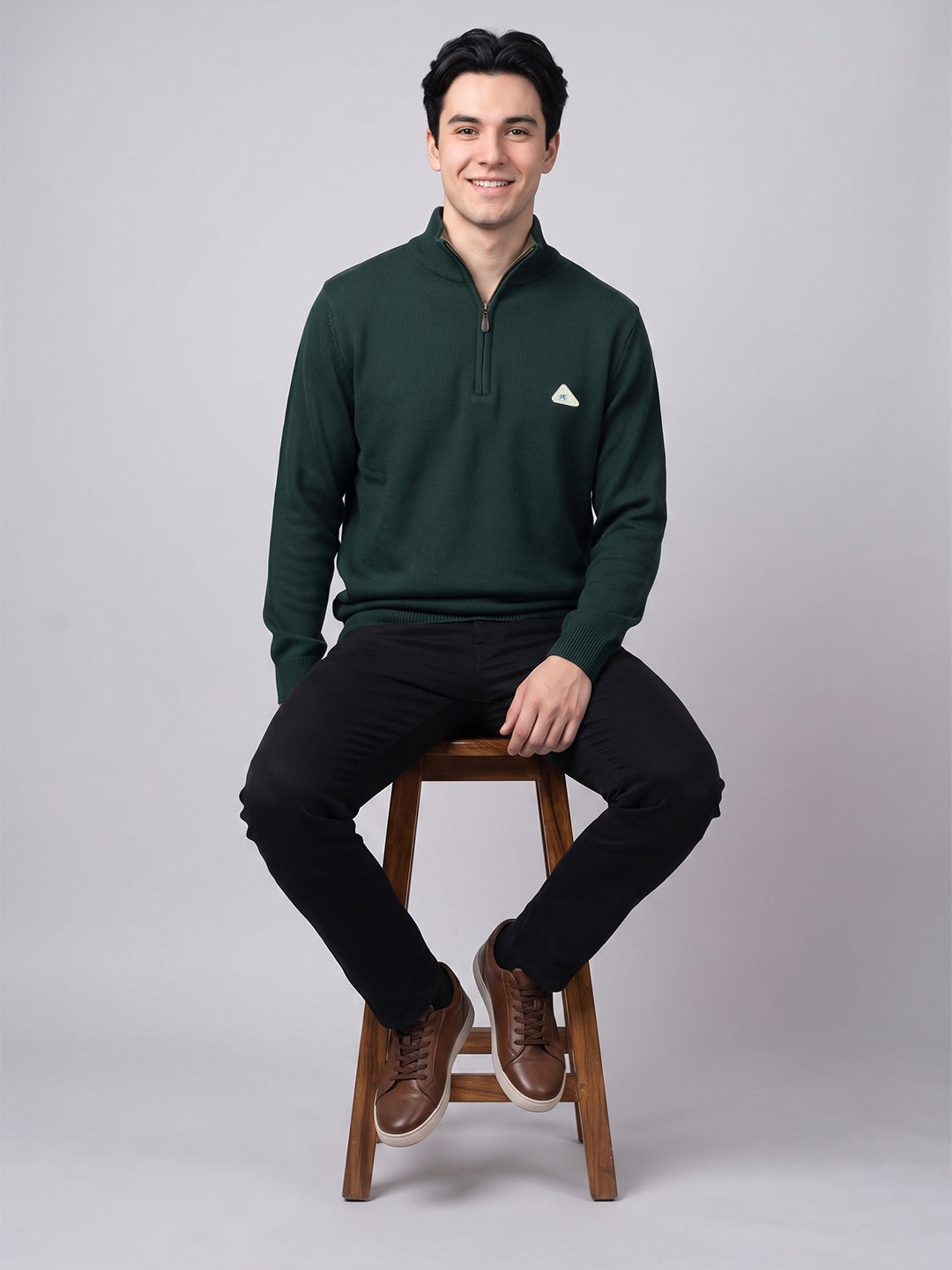 Men Green Solid High Neck Full Sleeve Pullover