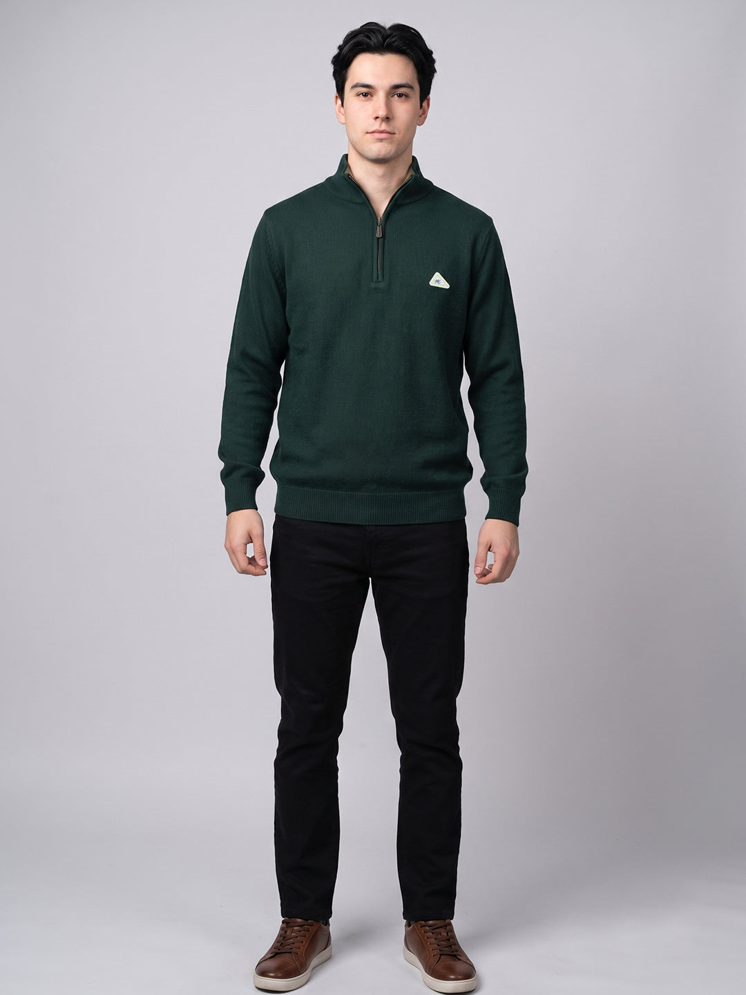 Men Green Solid High Neck Full Sleeve Pullover