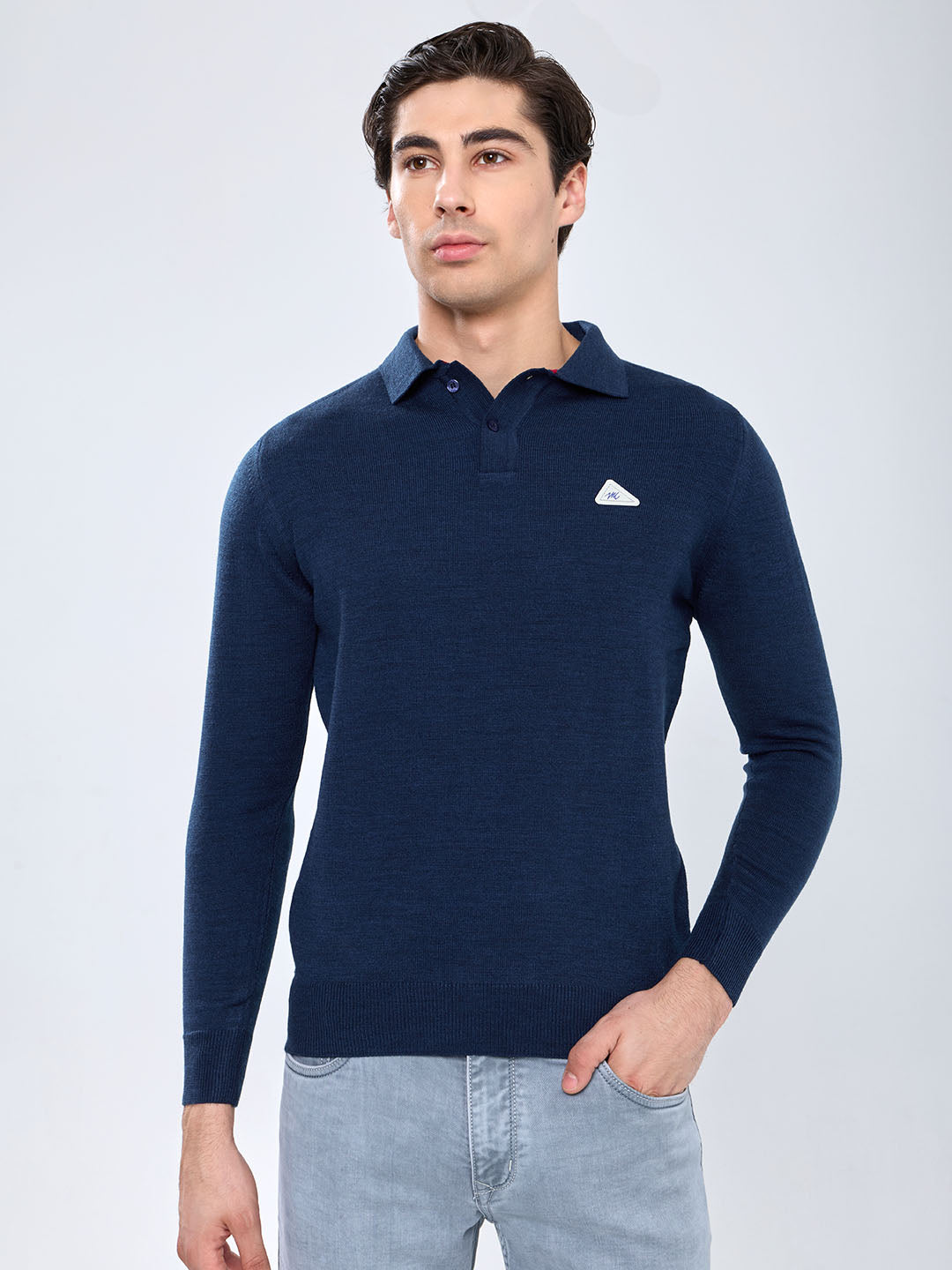 Men Blue Solid Polo Collar Full Sleeve Winter T-Shirt