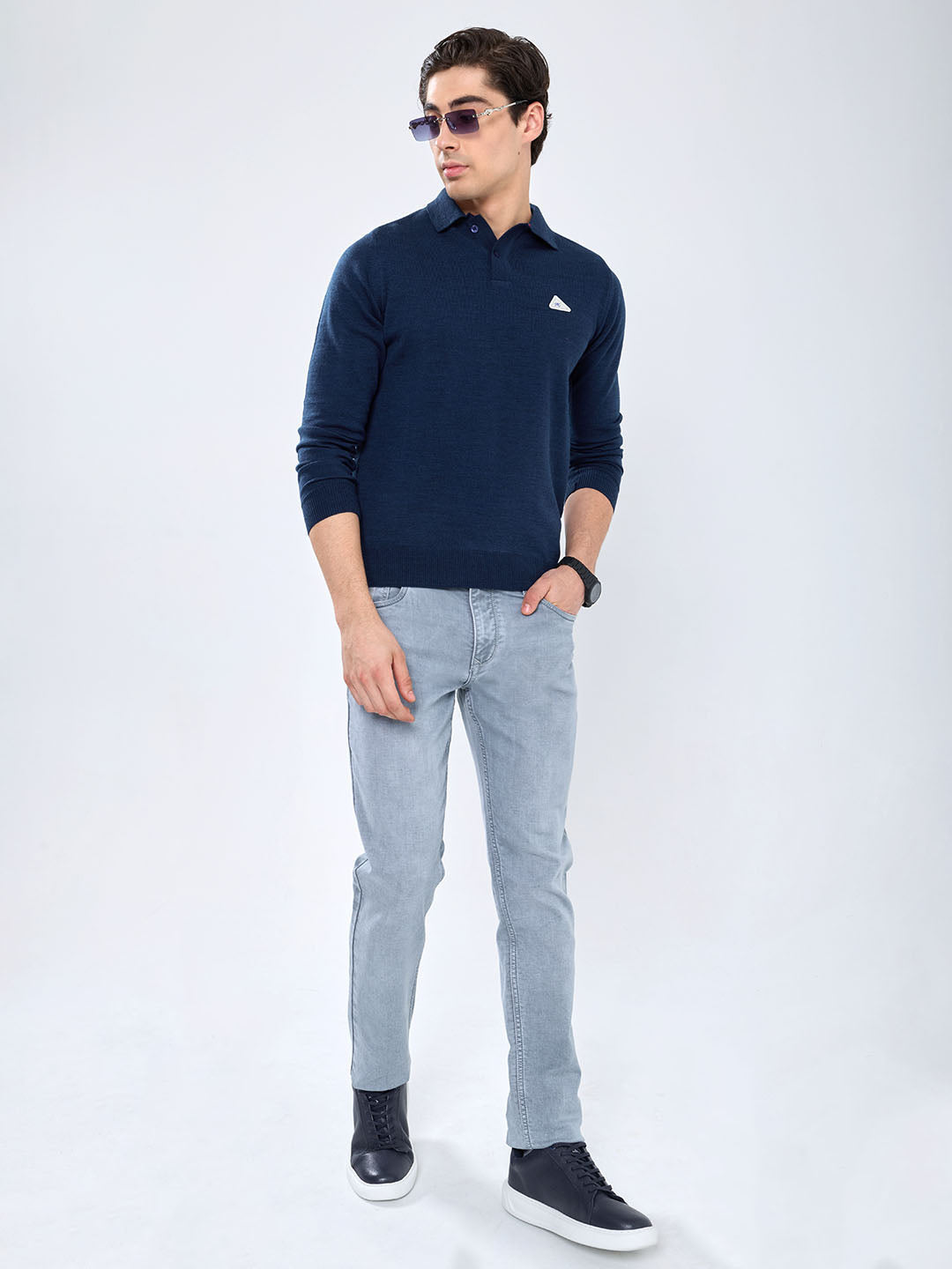 Men Blue Solid Polo Collar Full Sleeve Winter T-Shirt