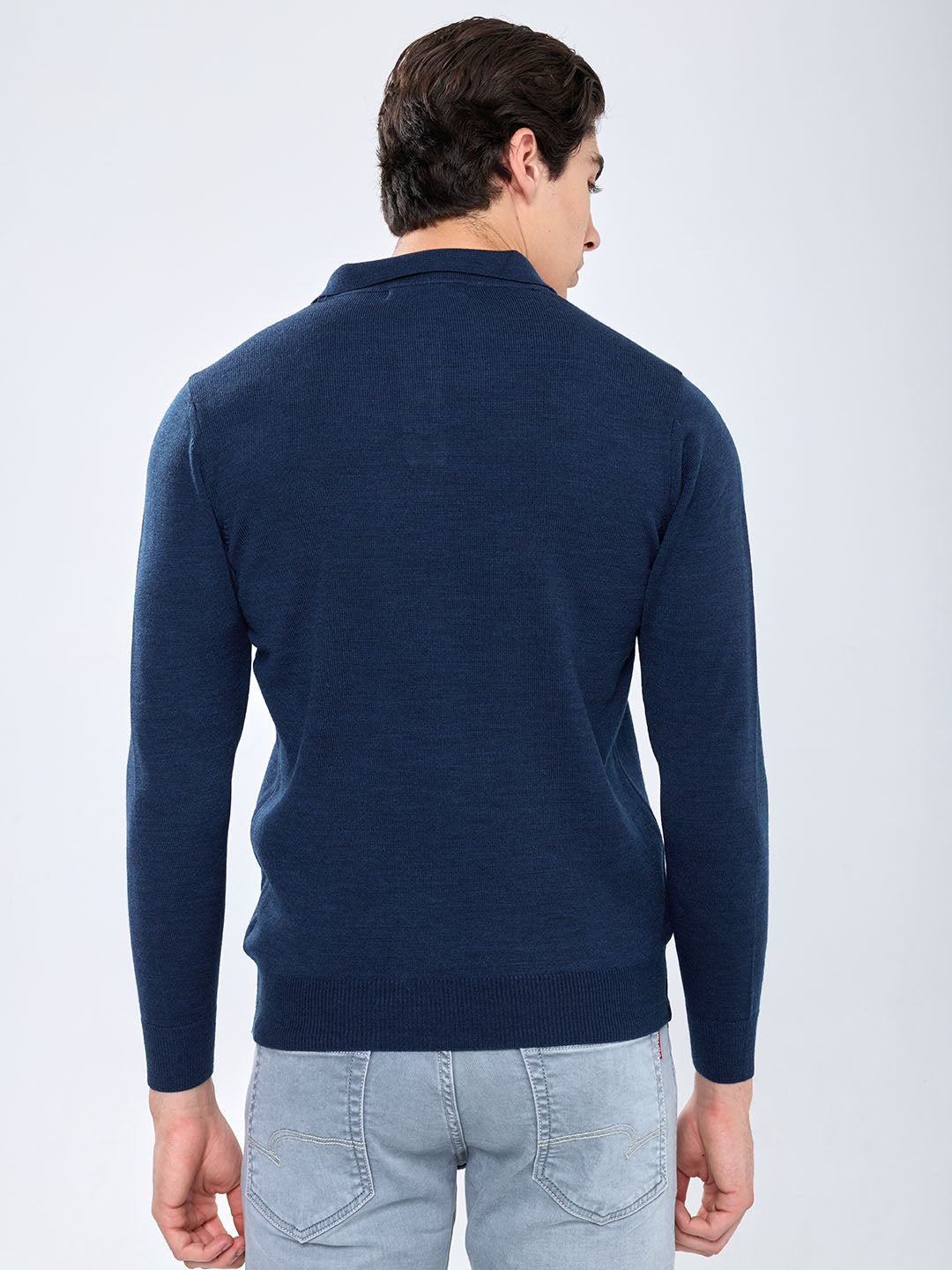 Men Blue Solid Polo Collar Full Sleeve Winter T-Shirt