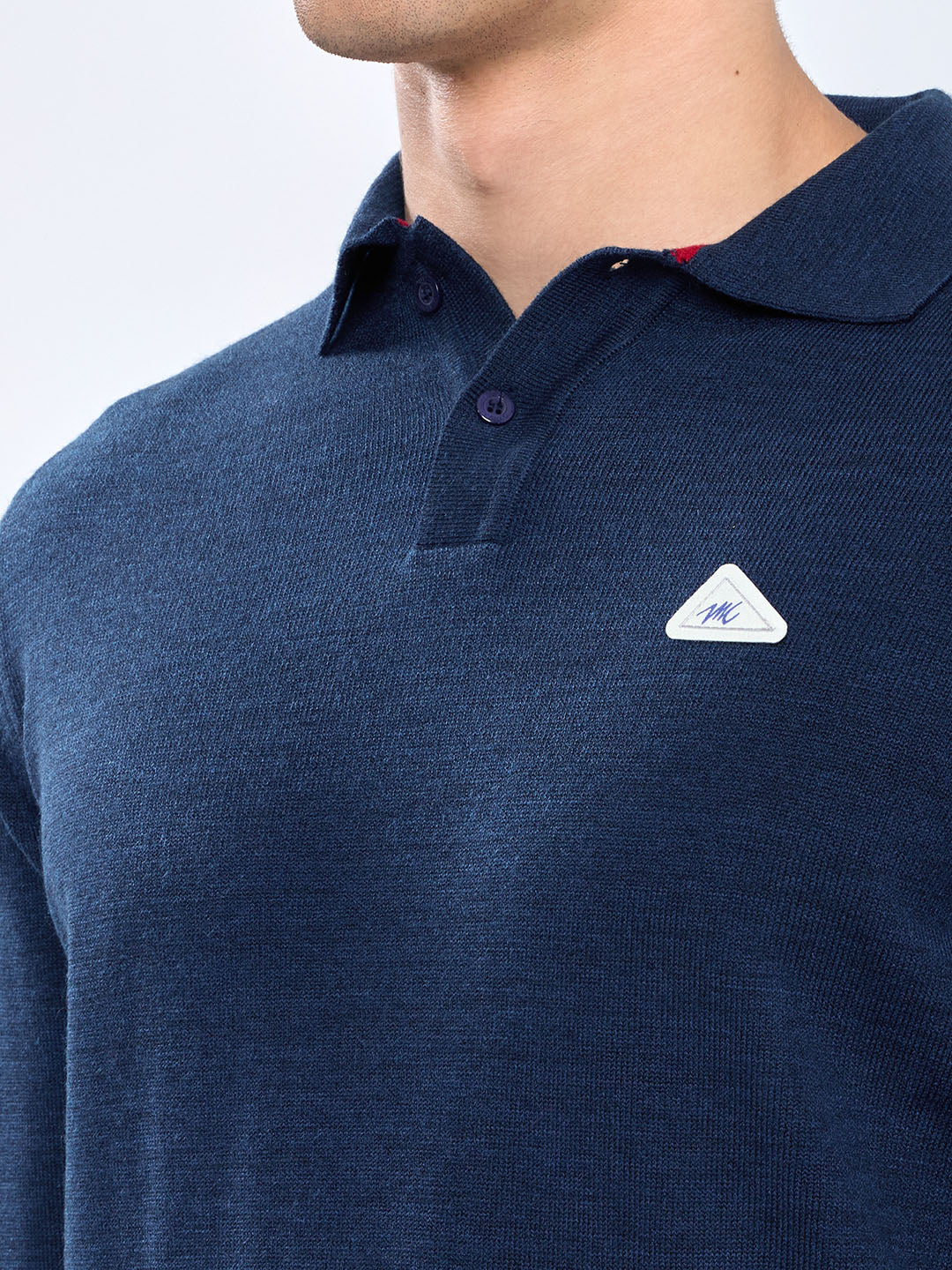 Men Blue Solid Polo Collar Full Sleeve Winter T-Shirt