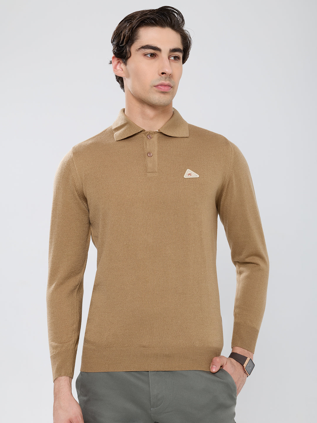 Men Camel Brown Solid Polo Collar Full Sleeve Winter T-Shirt