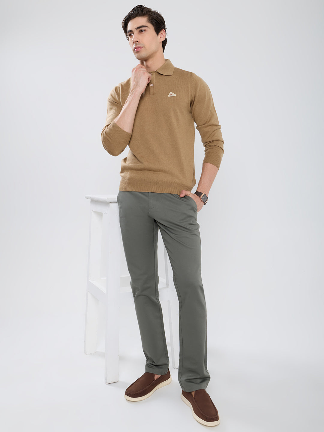 Men Camel Brown Solid Polo Collar Full Sleeve Winter T-Shirt