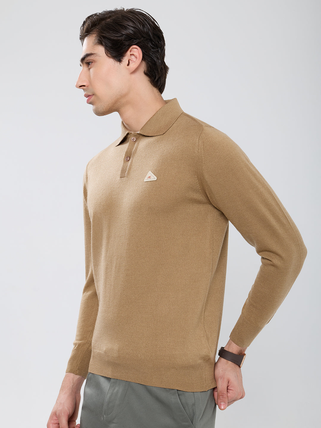 Men Camel Brown Solid Polo Collar Full Sleeve Winter T-Shirt
