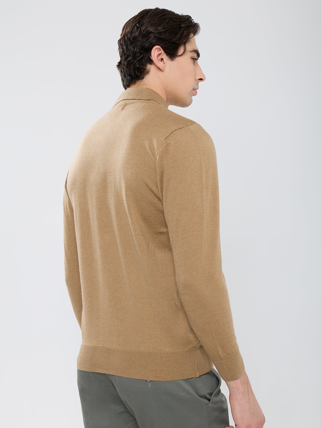Men Camel Brown Solid Polo Collar Full Sleeve Winter T-Shirt