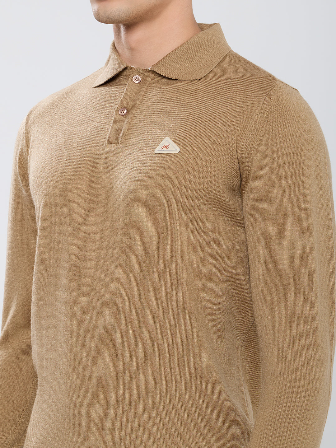Men Camel Brown Solid Polo Collar Full Sleeve Winter T-Shirt