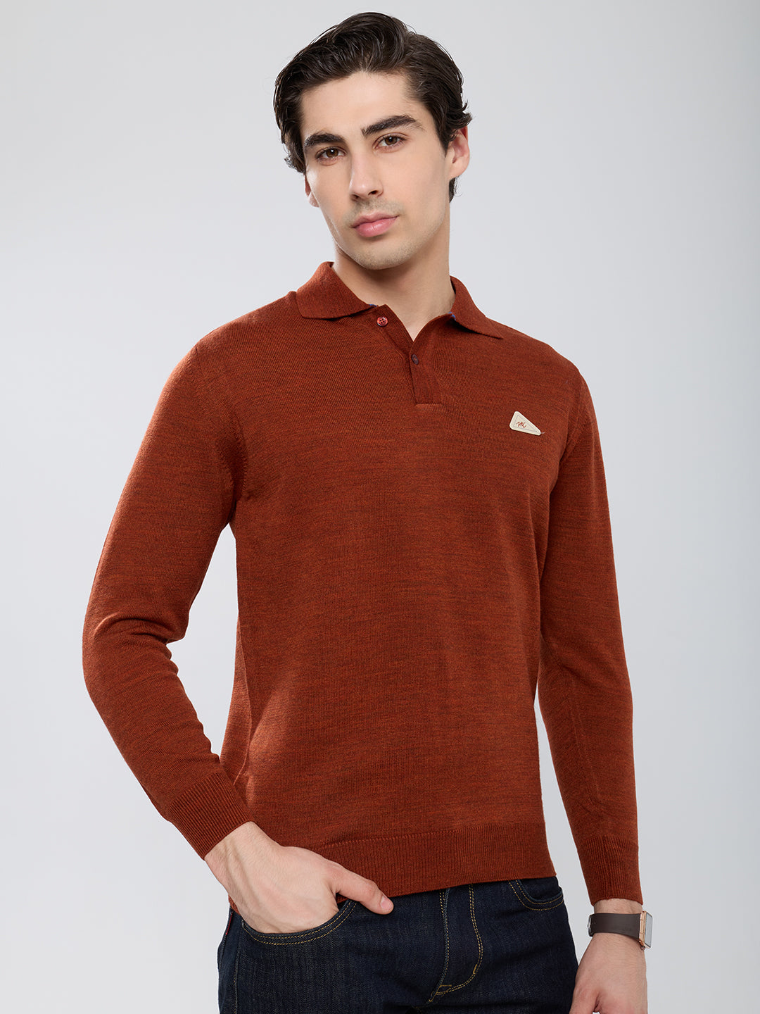 Men Rust Solid Polo Collar Full Sleeve Winter T-Shirt