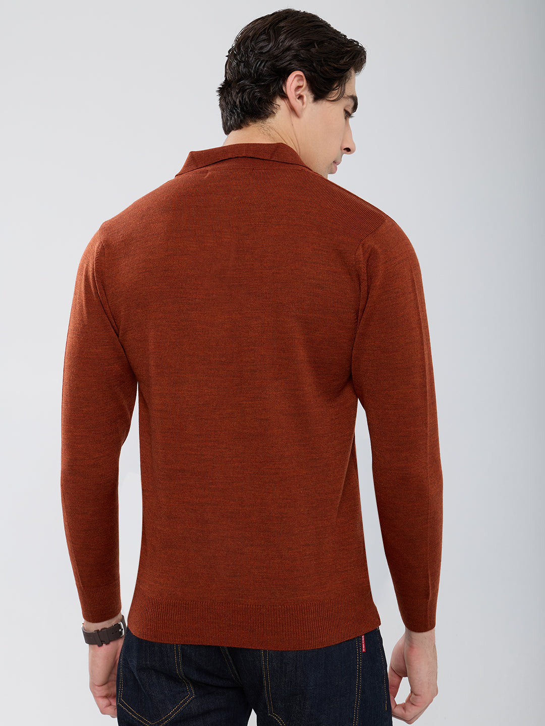Men Rust Solid Polo Collar Full Sleeve Winter T-Shirt