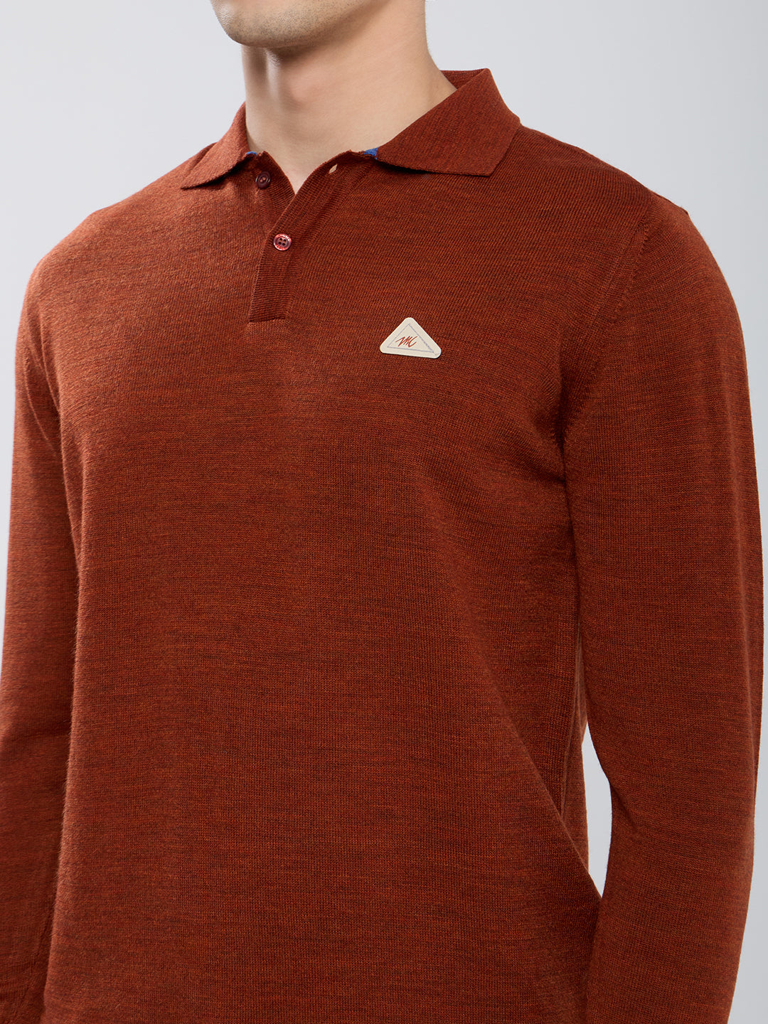 Men Rust Solid Polo Collar Full Sleeve Winter T-Shirt