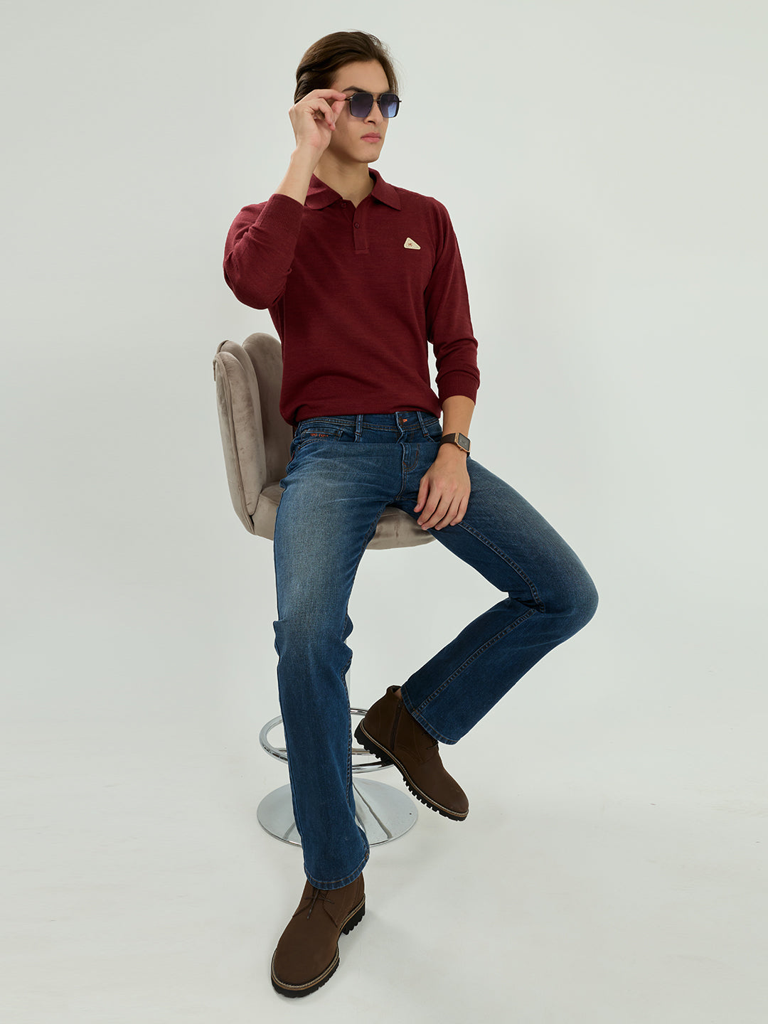 Men Red Solid Collar Full Sleeve Winter T-Shirt