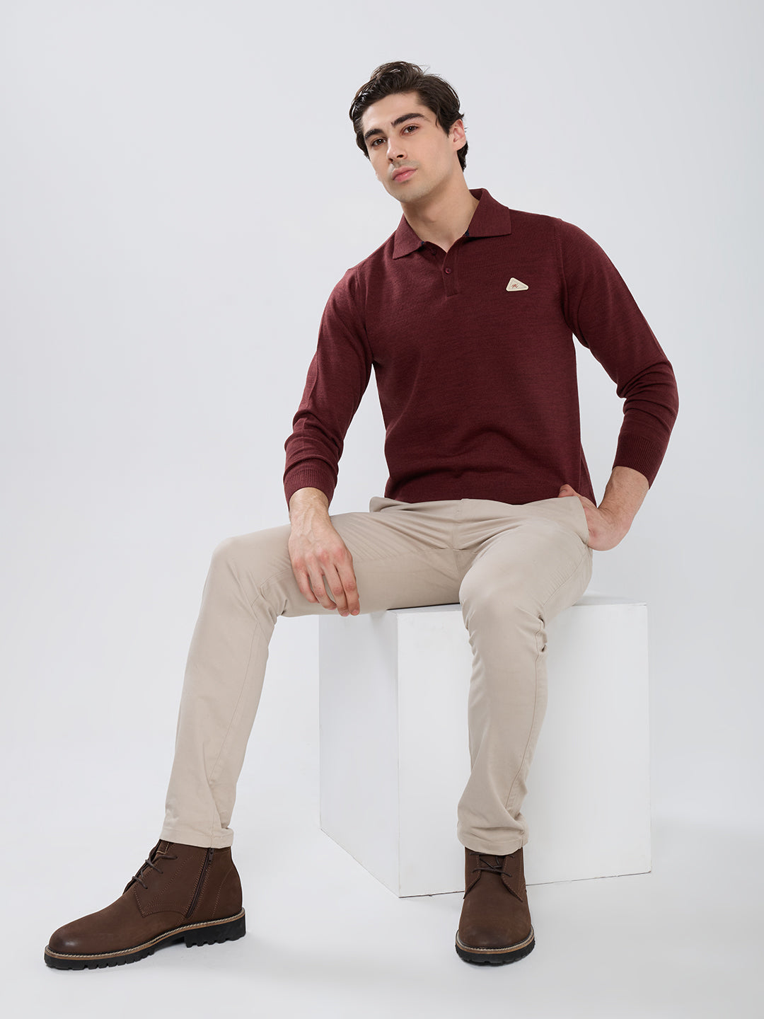 Men Brown Solid Polo Collar Full Sleeve Winter T-Shirt