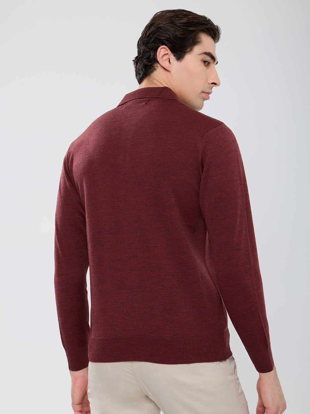 Men Brown Solid Polo Collar Full Sleeve Winter T-Shirt