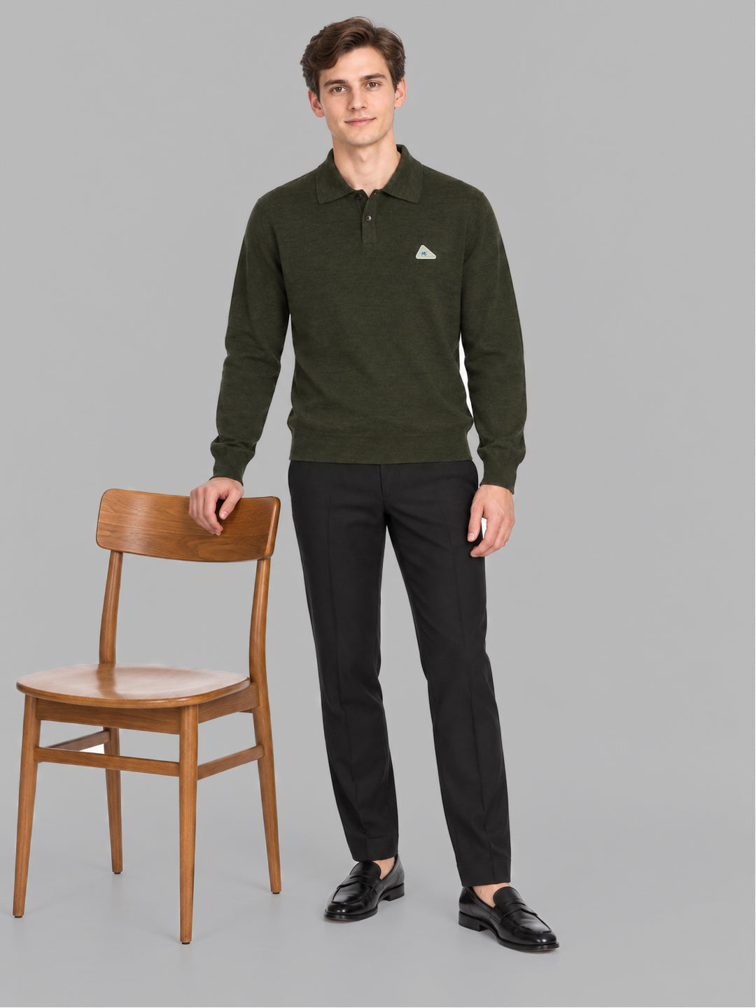 Men Green Solid Polo Collar Full Sleeve Winter T-Shirt