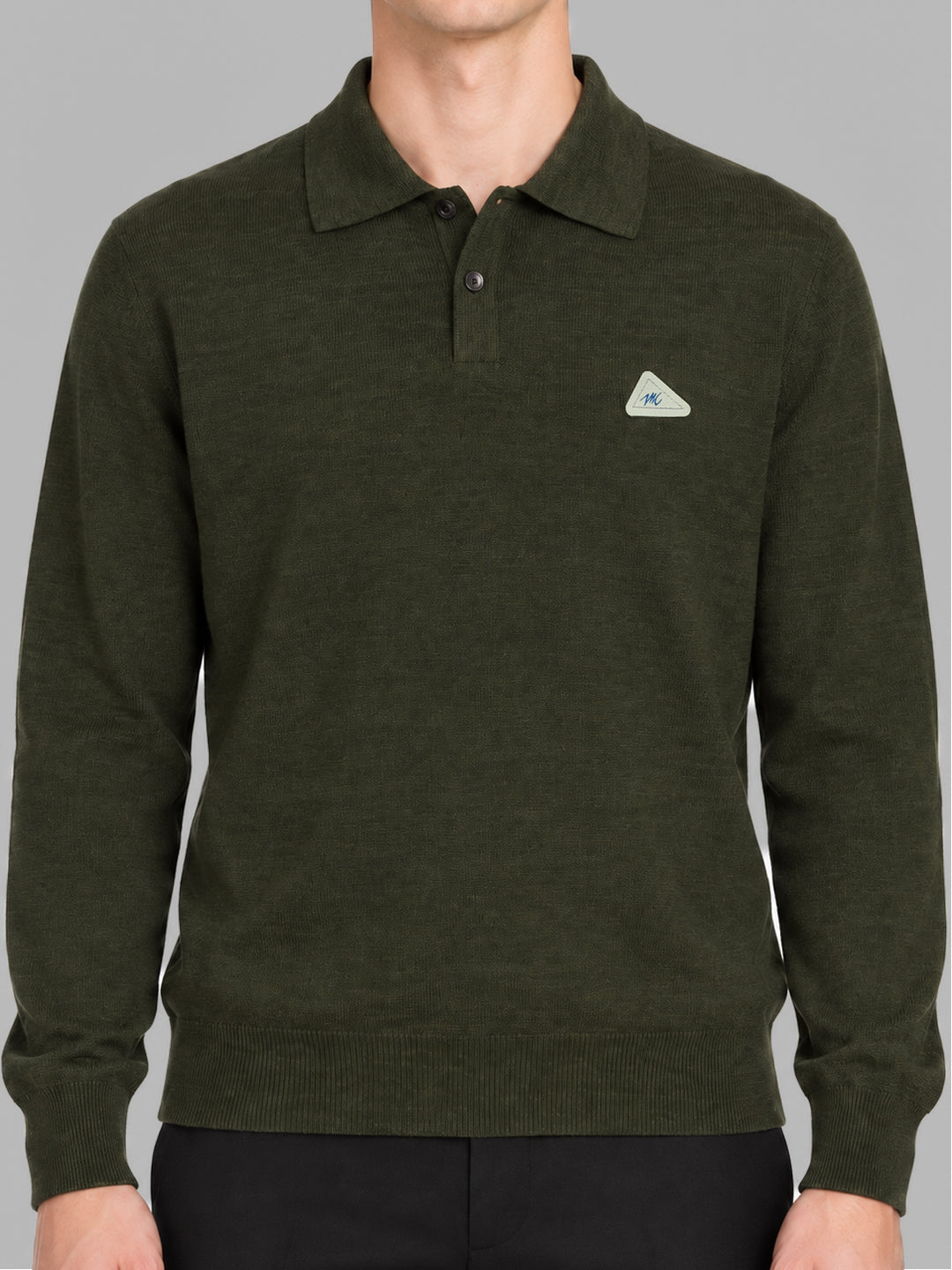 Men Green Solid Polo Collar Full Sleeve Winter T-Shirt