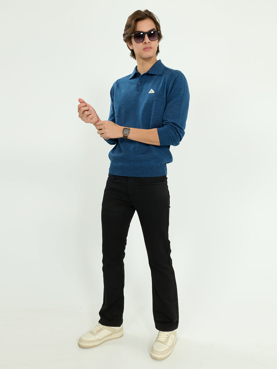 Men Blue Solid Collar Full Sleeve Winter T-Shirt