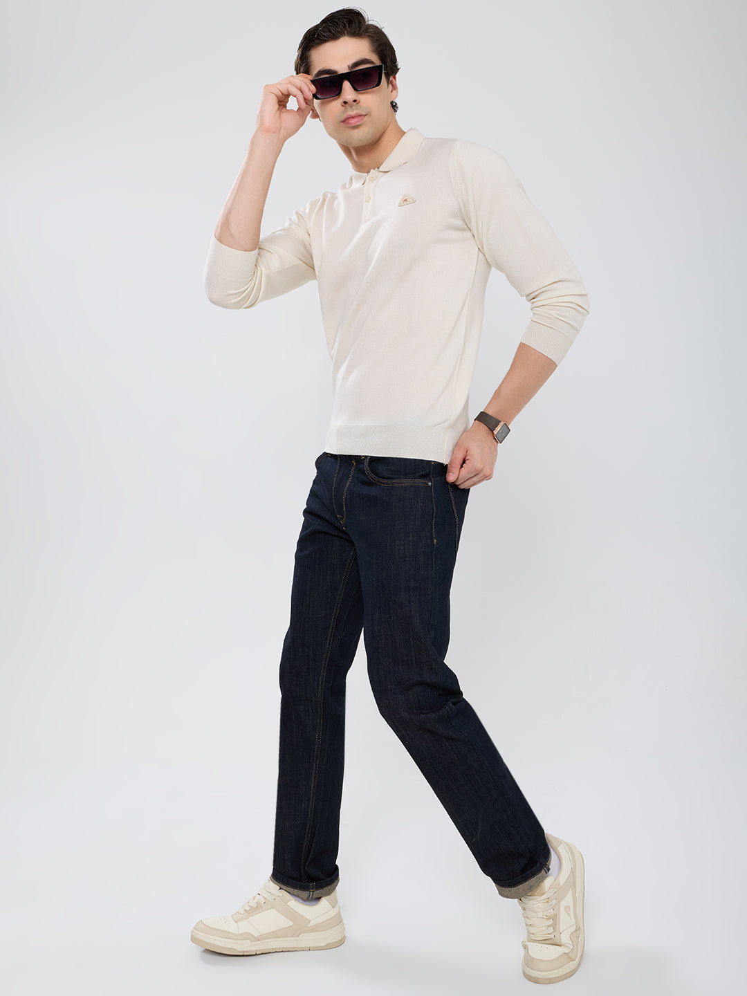Men Cream Solid Polo Collar Full Sleeve Winter T-Shirt