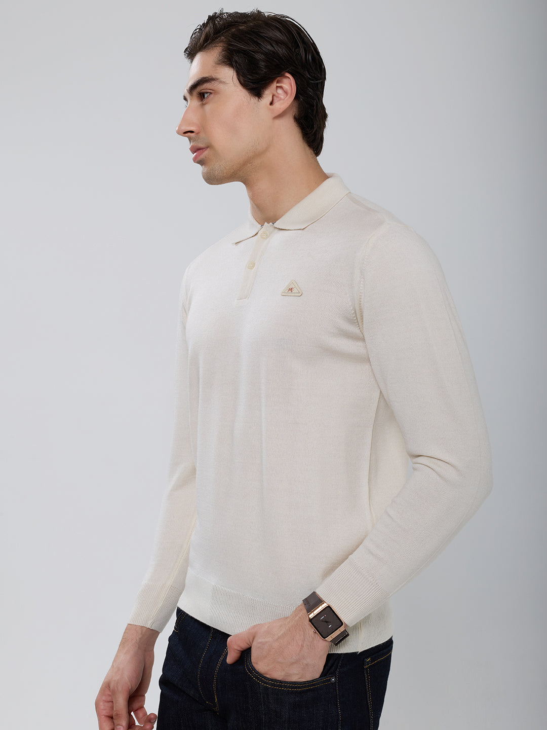 Men Cream Solid Polo Collar Full Sleeve Winter T-Shirt