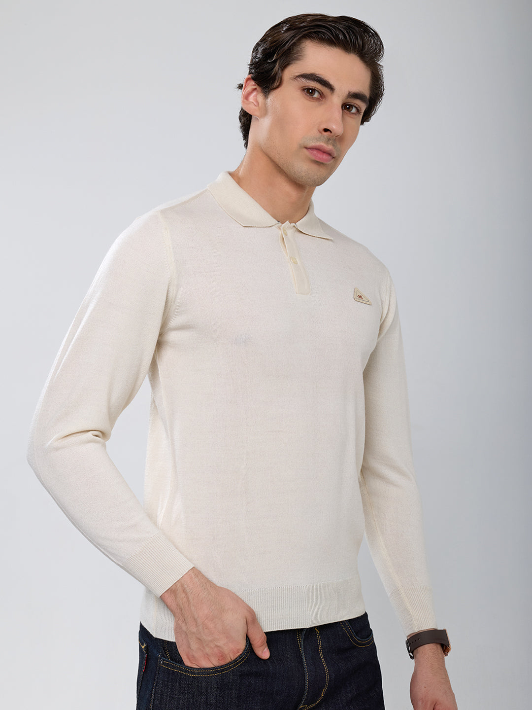 Men Cream Solid Polo Collar Full Sleeve Winter T-Shirt