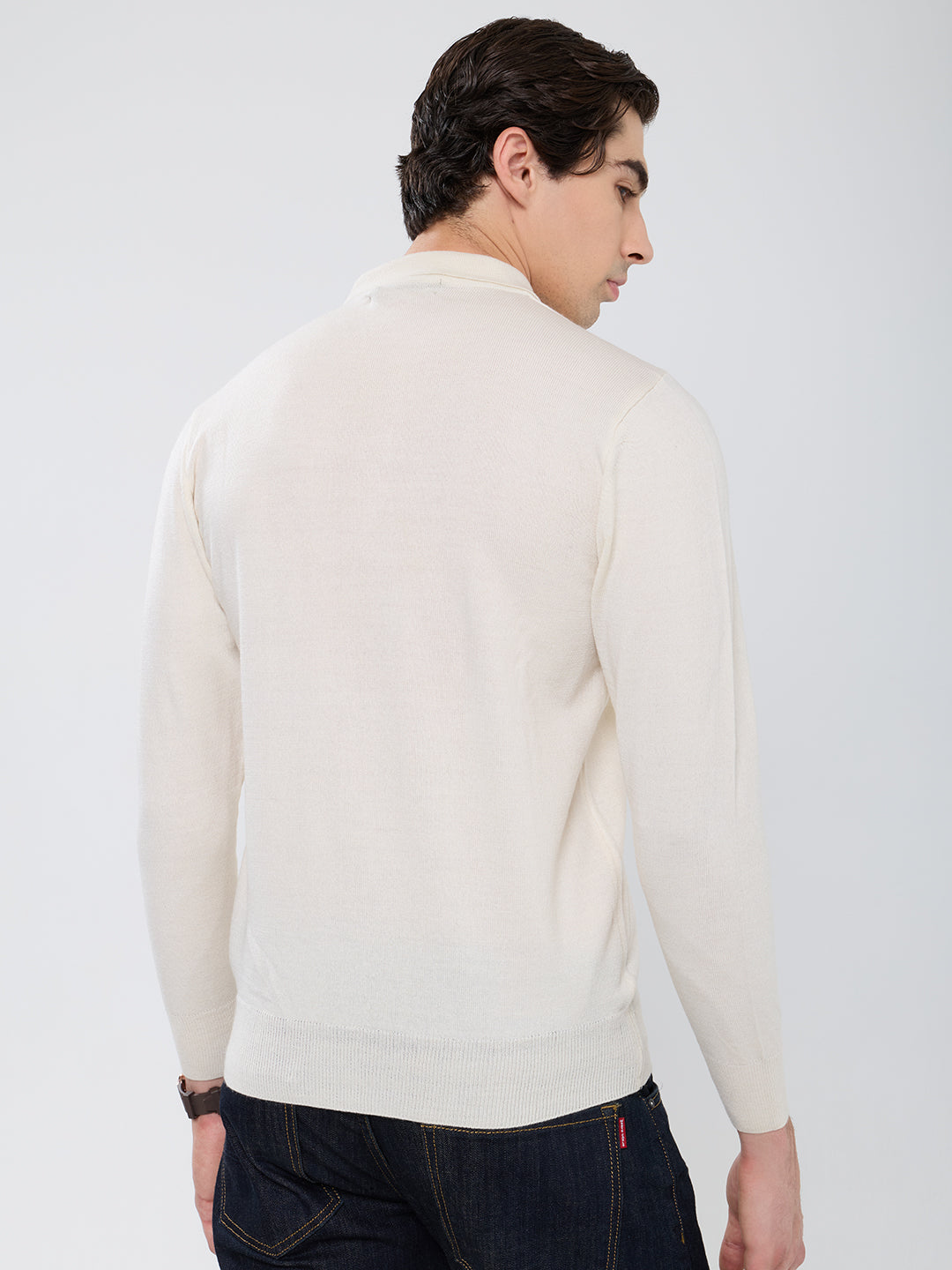 Men Cream Solid Polo Collar Full Sleeve Winter T-Shirt