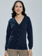 Women Navy Blue Solid V Neck Full Sleeve Cardigan