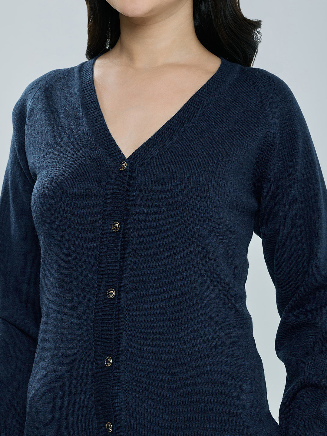 Women Navy Blue Solid V Neck Full Sleeve Cardigan