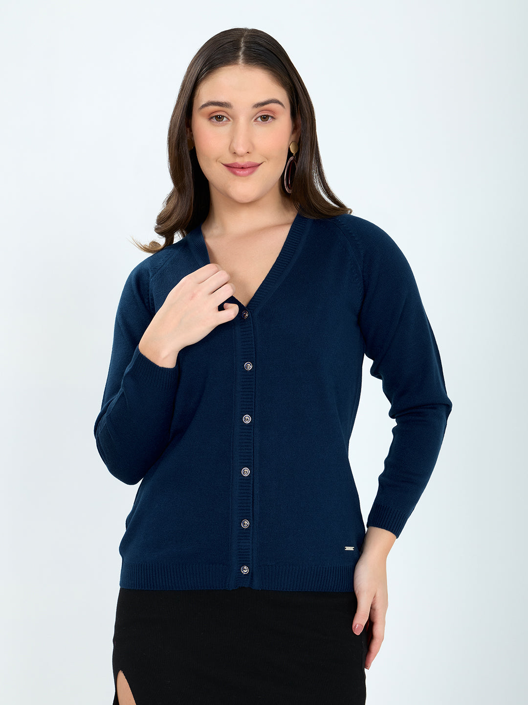 Women Blue Solid V Neck Full Sleeve Cardigan