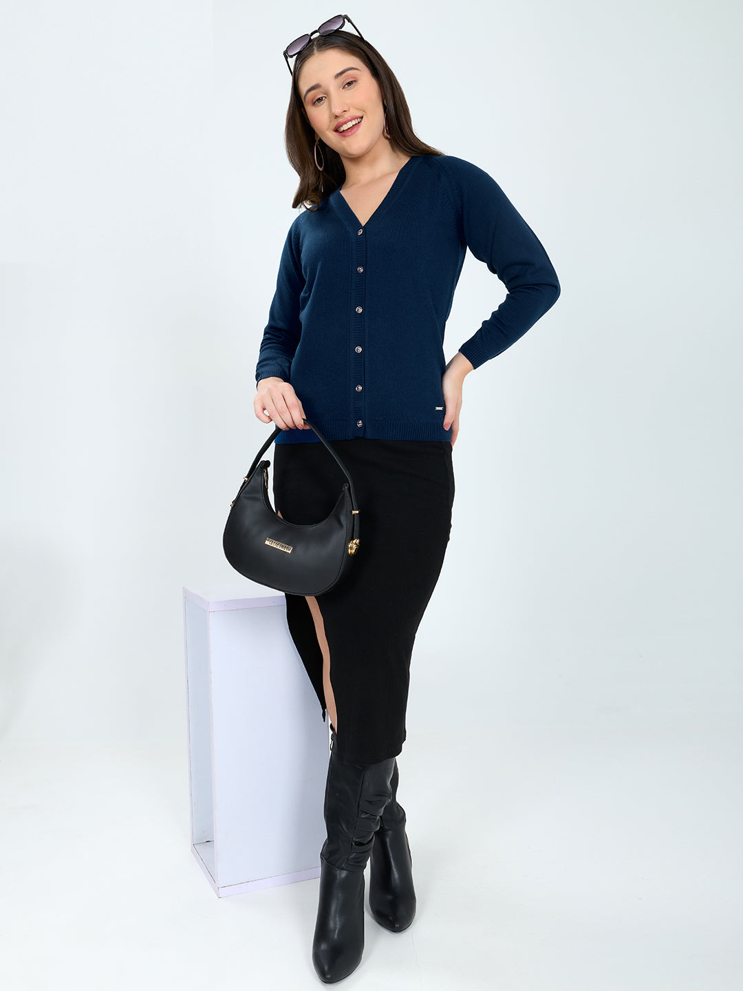 Women Blue Solid V Neck Full Sleeve Cardigan