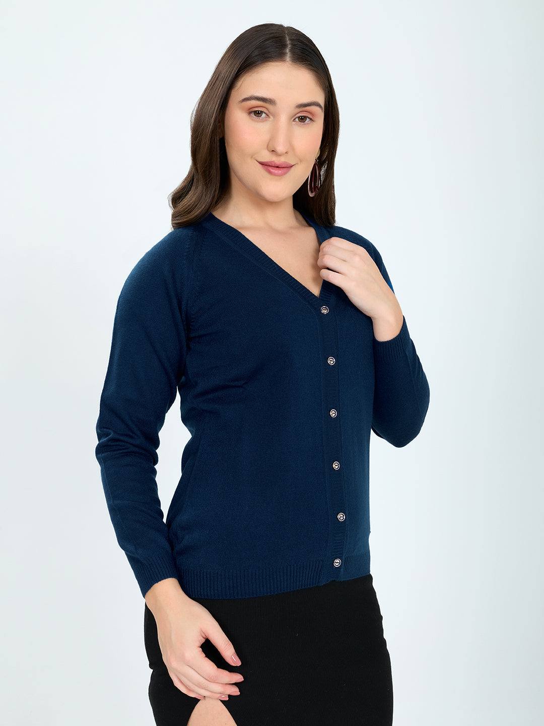 Women Blue Solid V Neck Full Sleeve Cardigan