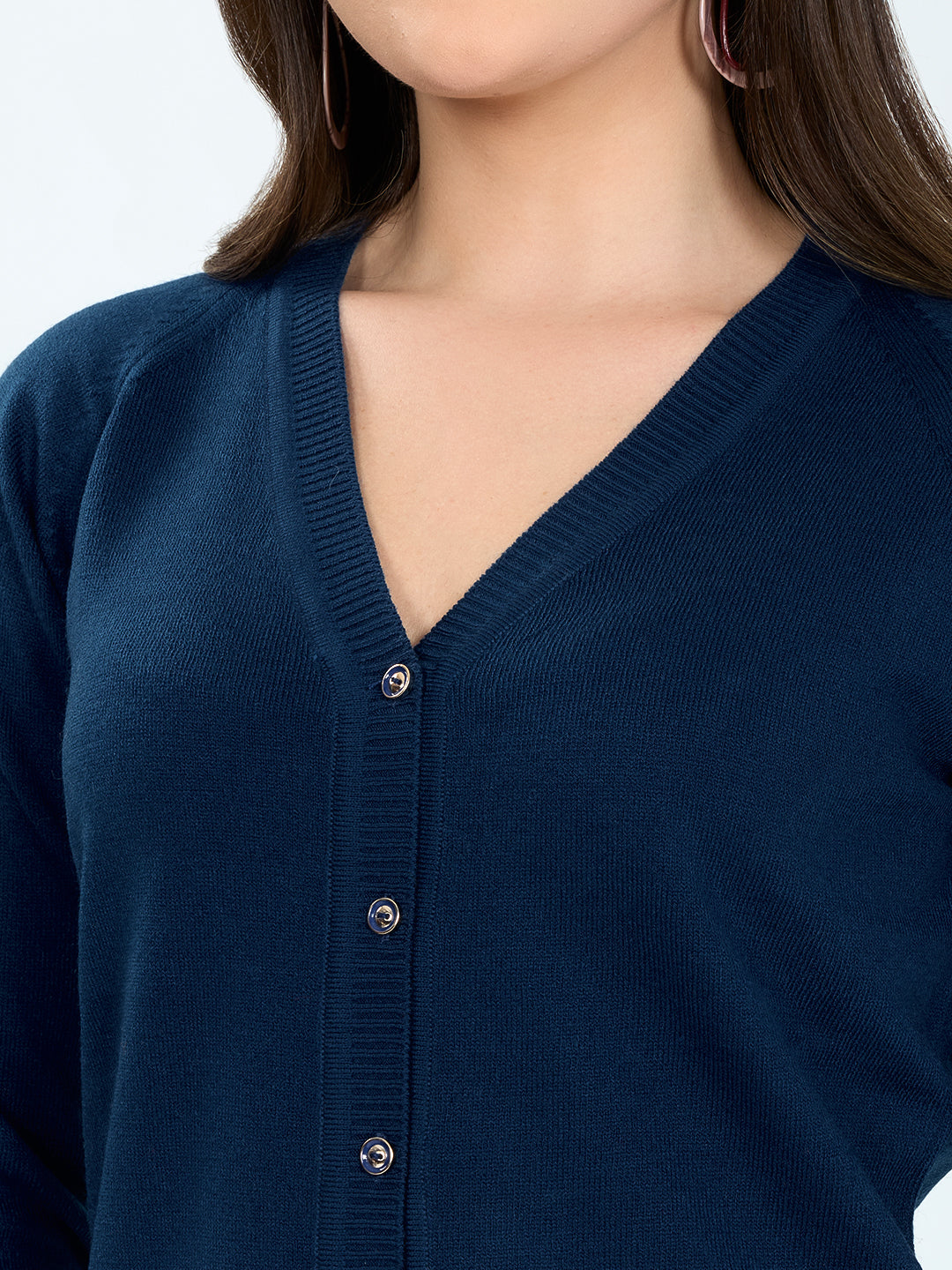 Women Blue Solid V Neck Full Sleeve Cardigan