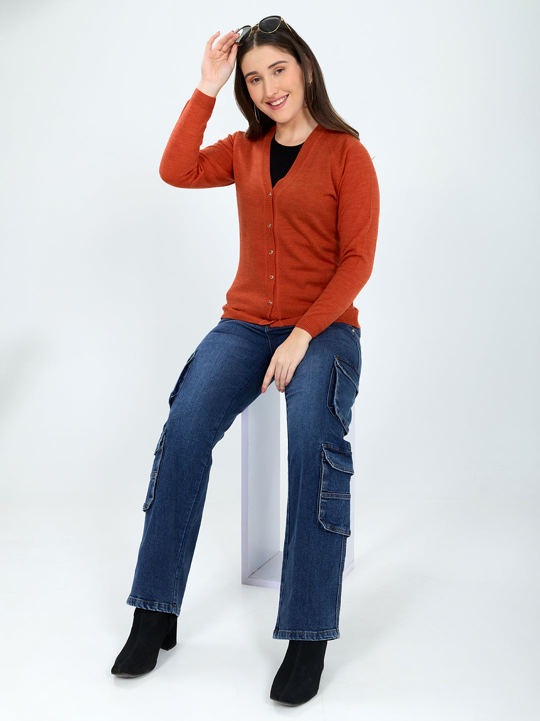 Women Orange Solid V Neck Full Sleeve Cardigan