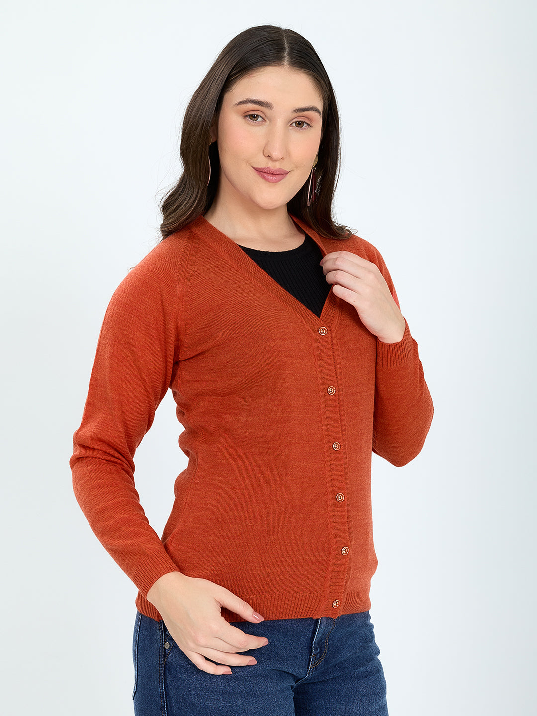 Women Orange Solid V Neck Full Sleeve Cardigan