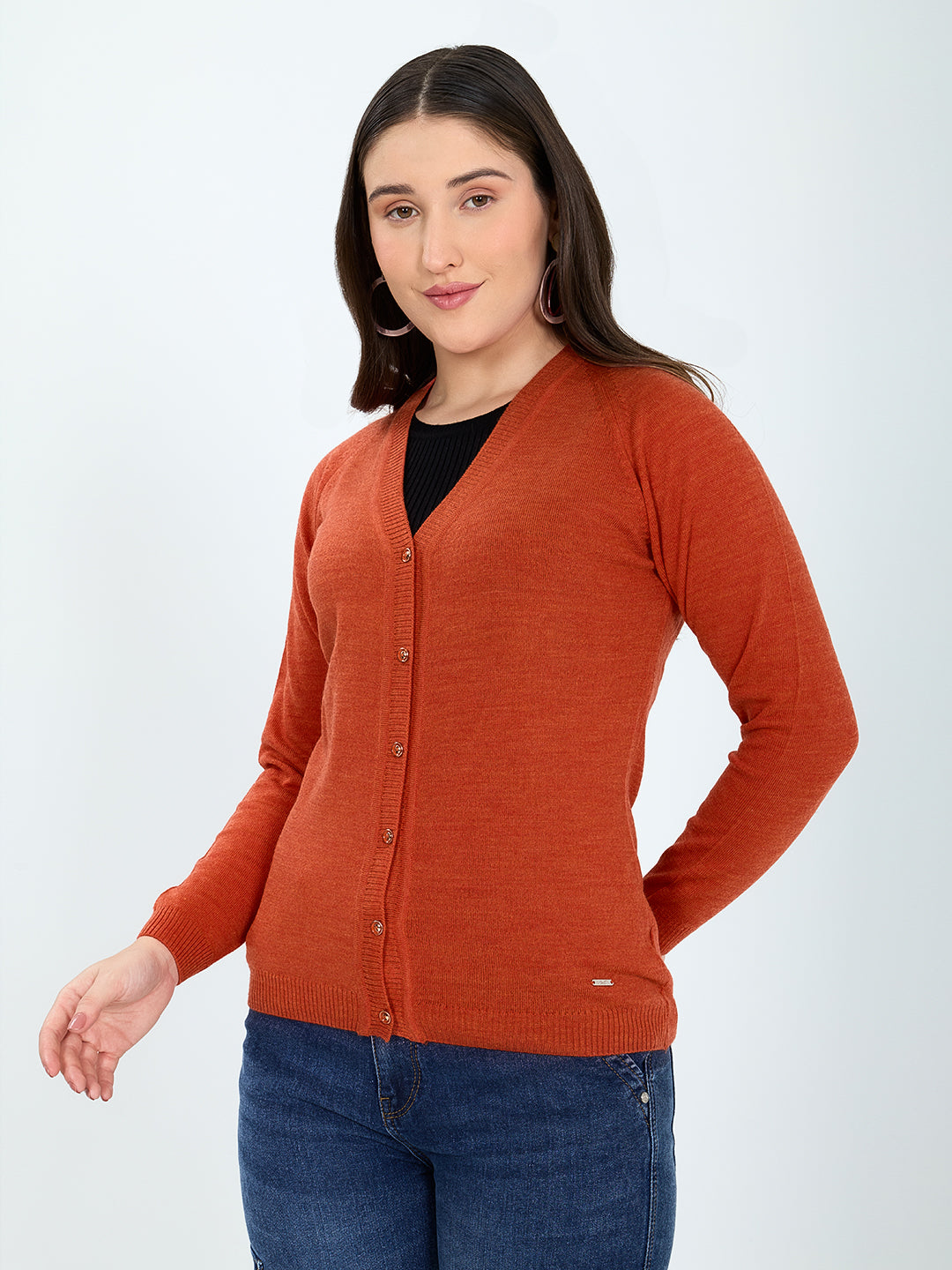 Women Orange Solid V Neck Full Sleeve Cardigan