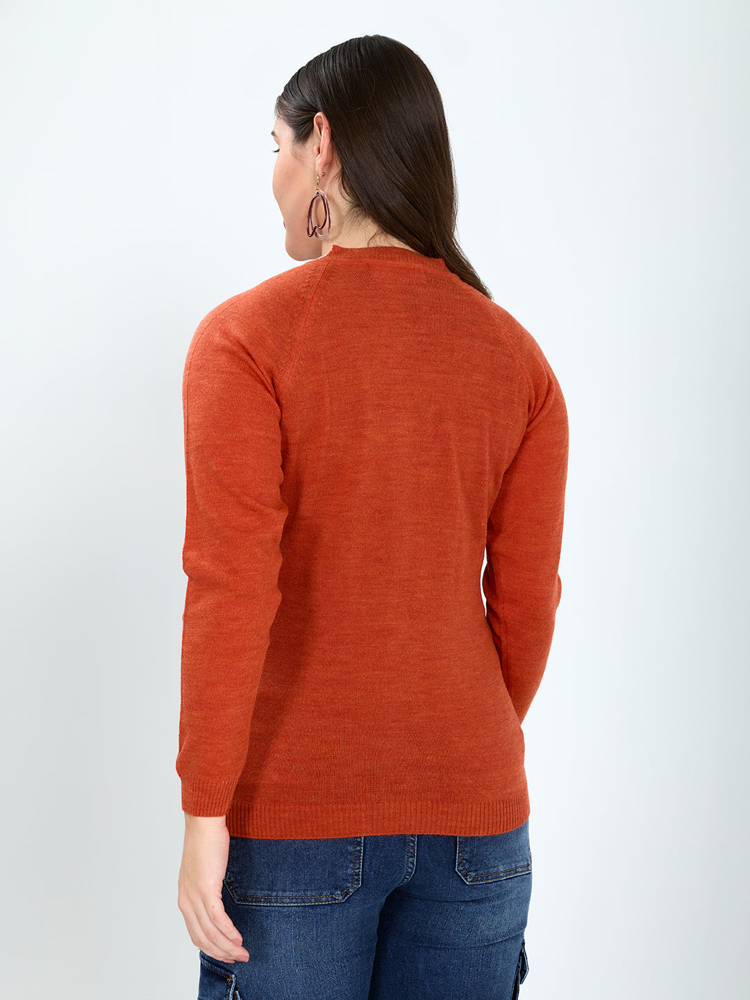 Women Orange Solid V Neck Full Sleeve Cardigan