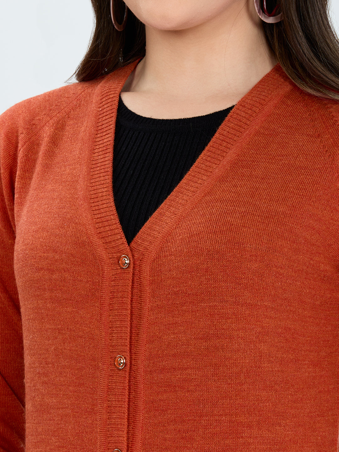 Women Orange Solid V Neck Full Sleeve Cardigan