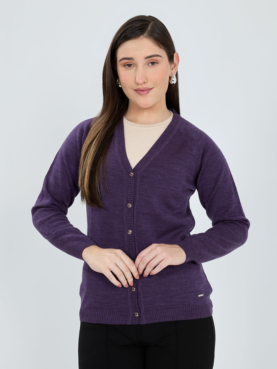 Women Purple Solid V Neck Full Sleeve Cardigan