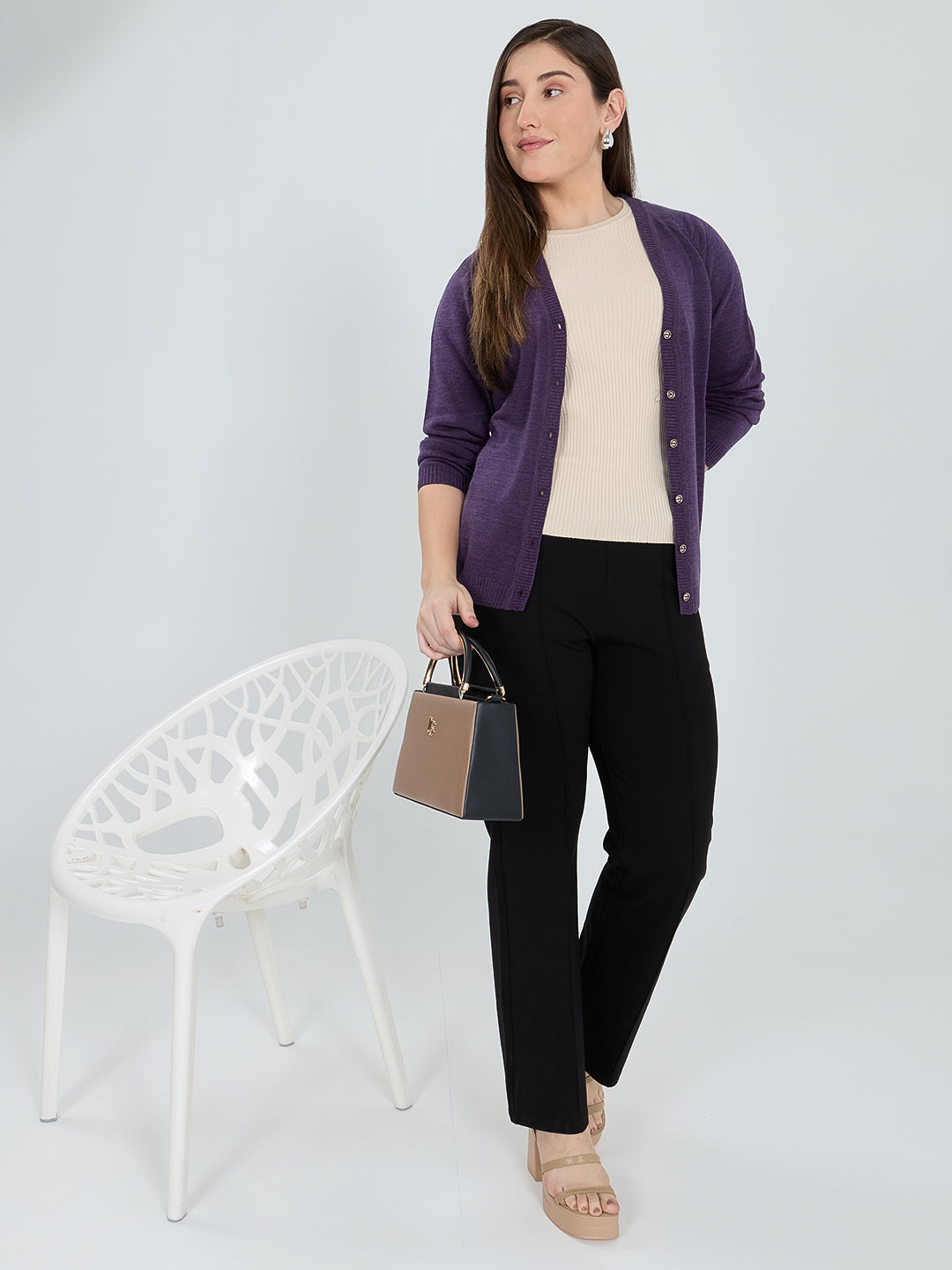 Women Purple Solid V Neck Full Sleeve Cardigan