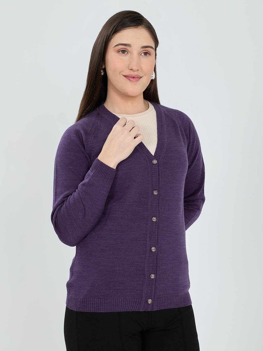 Women Purple Solid V Neck Full Sleeve Cardigan