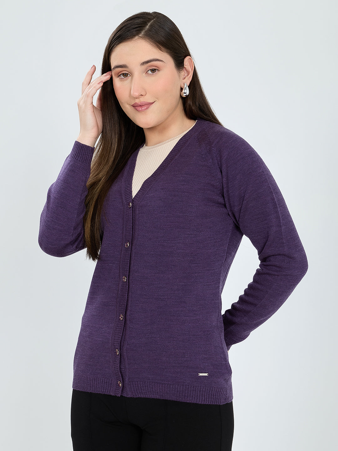 Women Purple Solid V Neck Full Sleeve Cardigan