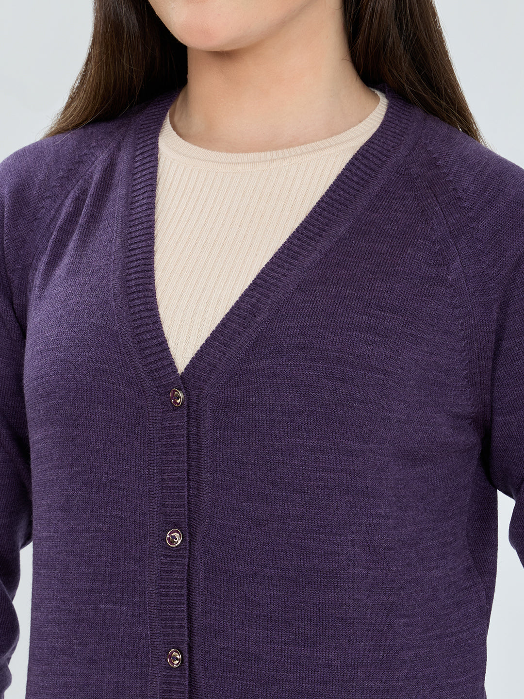 Women Purple Solid V Neck Full Sleeve Cardigan