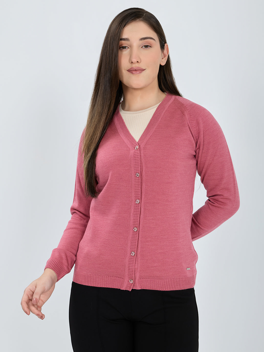 Women Pink Solid V Neck Full Sleeve Cardigan